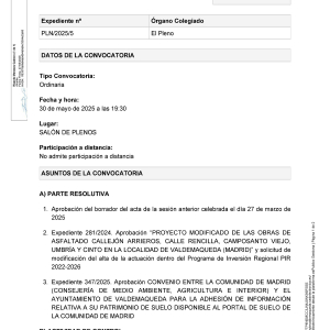 Convocatoria a Pleno sesión ordinaria, viernes 30 de mayo a las 19:30h
